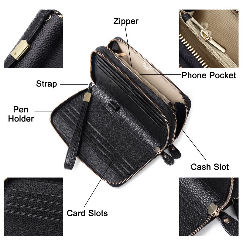 SENDEFN Leather Women Wallet RFID Blocking Zipper Around Phone Holder Clutch Wristlet Large Capacity - Image 3