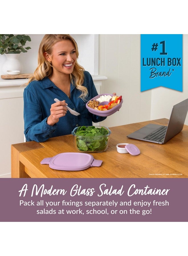 بنتجو وعاء سلطة زجاجي متعدد الاستخدامات من بينتجو - وعاء سلطة كبير سعة 61 أونصة مع غطاء، وصينية بينتو بأربعة أقسام، وحاوية صلصة سعة 3 أونصة، وشوكة قابلة لإعادة الاستخدام - آمن للاستخدام في غسالة الأطباق والميكروويف والفرن (لون لافندر) - Image 2