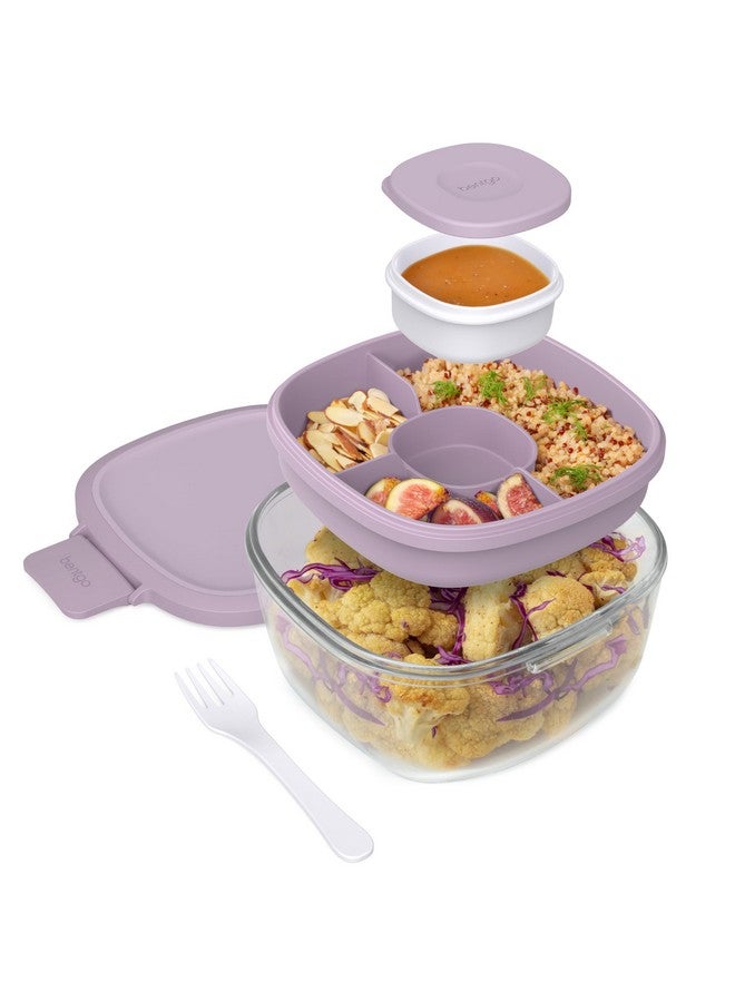 بنتجو وعاء سلطة زجاجي متعدد الاستخدامات من بينتجو - وعاء سلطة كبير سعة 61 أونصة مع غطاء، وصينية بينتو بأربعة أقسام، وحاوية صلصة سعة 3 أونصة، وشوكة قابلة لإعادة الاستخدام - آمن للاستخدام في غسالة الأطباق والميكروويف والفرن (لون لافندر) - Image 1
