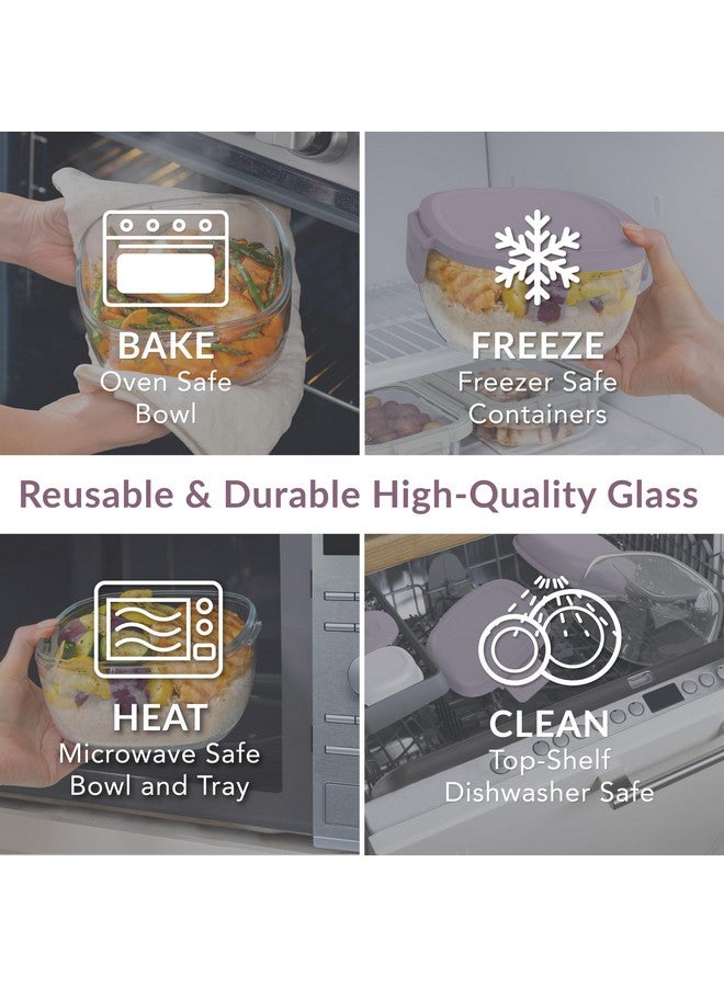 بنتجو وعاء سلطة زجاجي متعدد الاستخدامات من بينتجو - وعاء سلطة كبير سعة 61 أونصة مع غطاء، وصينية بينتو بأربعة أقسام، وحاوية صلصة سعة 3 أونصة، وشوكة قابلة لإعادة الاستخدام - آمن للاستخدام في غسالة الأطباق والميكروويف والفرن (لون لافندر) - Image 4