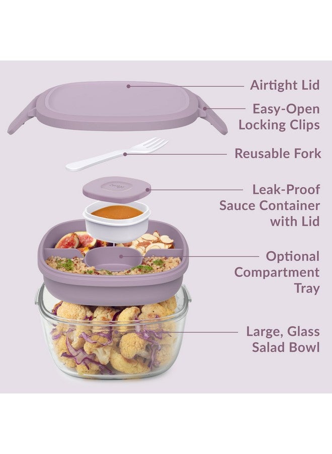 بنتجو وعاء سلطة زجاجي متعدد الاستخدامات من بينتجو - وعاء سلطة كبير سعة 61 أونصة مع غطاء، وصينية بينتو بأربعة أقسام، وحاوية صلصة سعة 3 أونصة، وشوكة قابلة لإعادة الاستخدام - آمن للاستخدام في غسالة الأطباق والميكروويف والفرن (لون لافندر) - Image 5