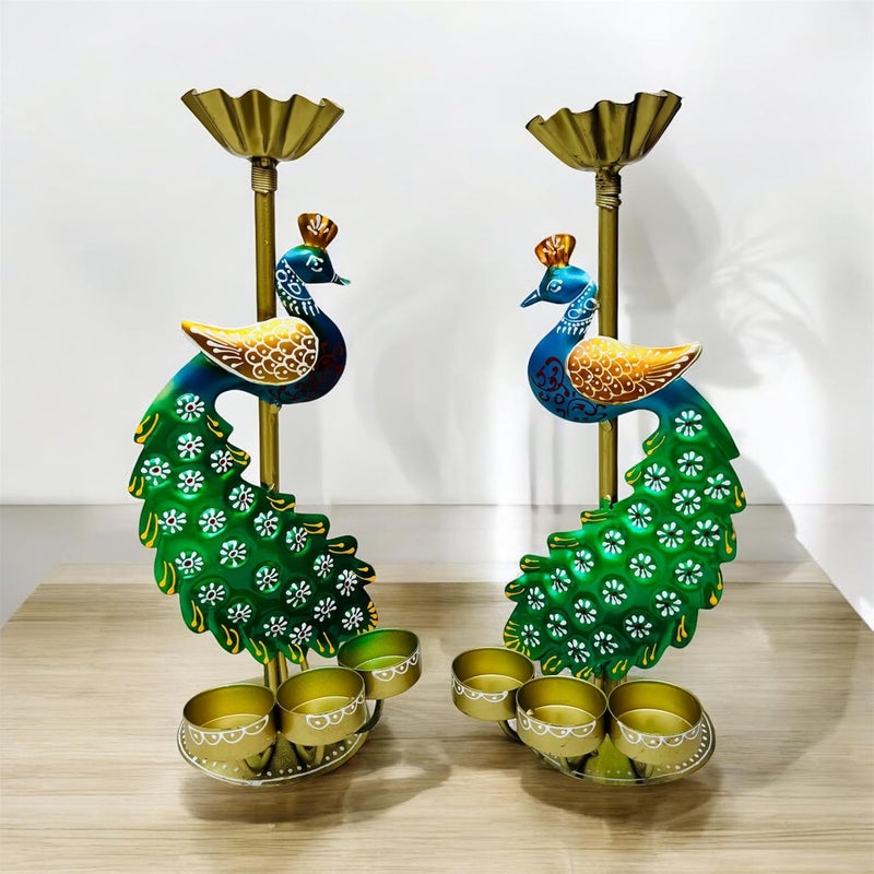 pranjals house pranjals house Tea Light Candle Holder for Home Decorative Peacock Showpiece Metal Figurine Candle Diya Burner Slots for Mandir, Pooja Room, Living Room| Set of 2 | (Size-14x4x4 Inches) - Image 2