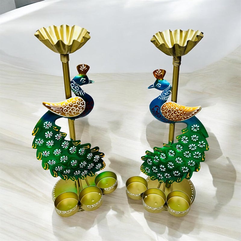 pranjals house pranjals house Tea Light Candle Holder for Home Decorative Peacock Showpiece Metal Figurine Candle Diya Burner Slots for Mandir, Pooja Room, Living Room| Set of 2 | (Size-14x4x4 Inches) - Image 4