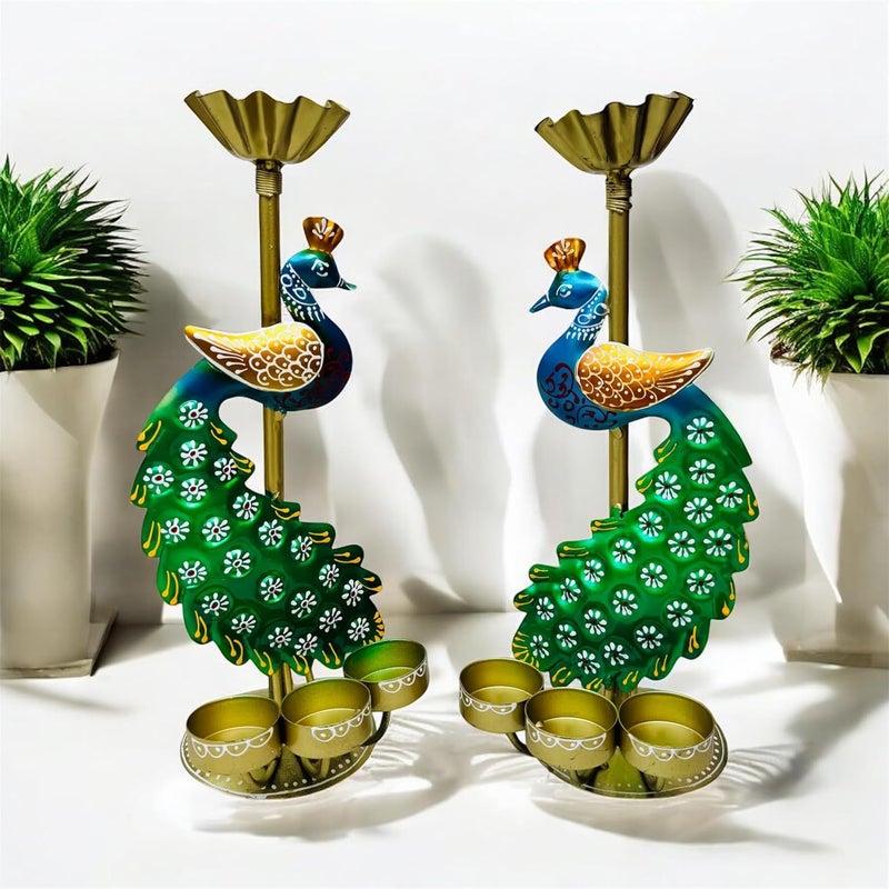 pranjals house pranjals house Tea Light Candle Holder for Home Decorative Peacock Showpiece Metal Figurine Candle Diya Burner Slots for Mandir, Pooja Room, Living Room| Set of 2 | (Size-14x4x4 Inches) - Image 1
