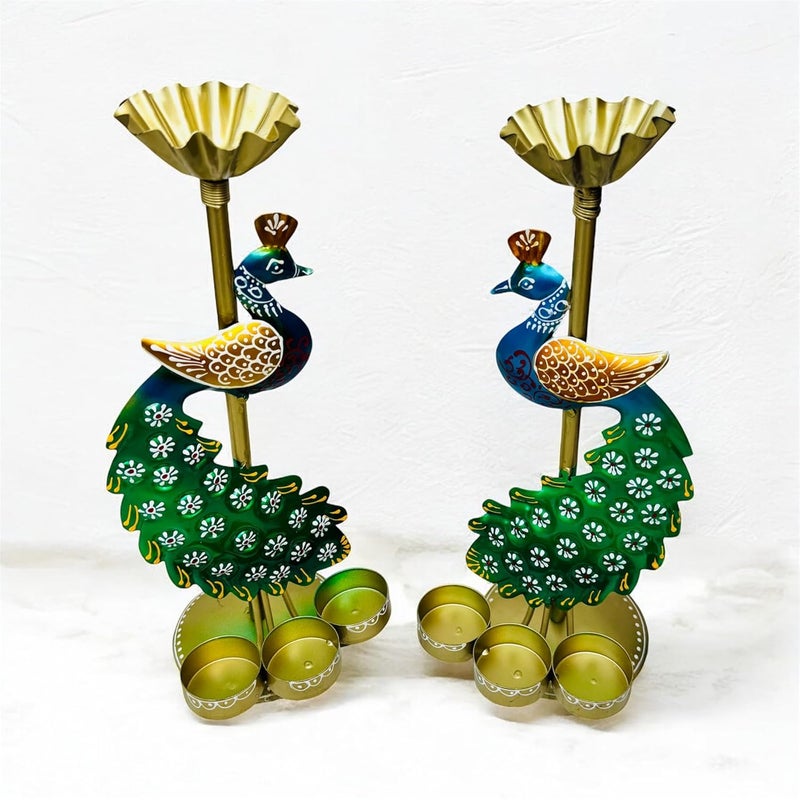 pranjals house pranjals house Tea Light Candle Holder for Home Decorative Peacock Showpiece Metal Figurine Candle Diya Burner Slots for Mandir, Pooja Room, Living Room| Set of 2 | (Size-14x4x4 Inches) - Image 3