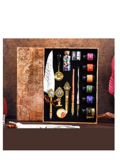 Feather calligraphy pen ink set, fine feather and metal pen, with vintage writing quill, glass and wooden dip pen, pen holder, pen nib, wax beads, stamp, candle, melting spoon and gift box