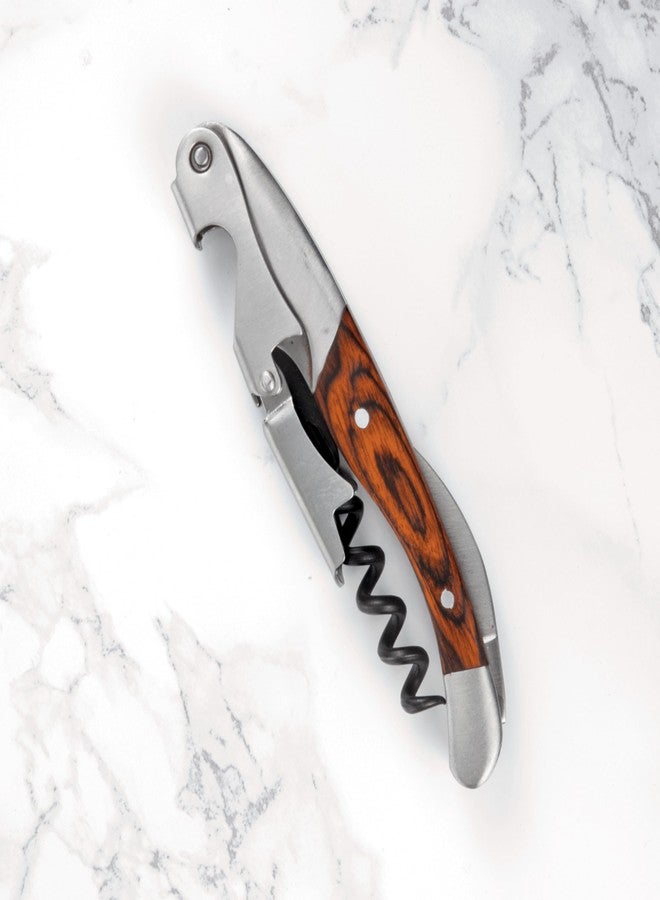 تواين فتاحة نبيذ مزدوجة المفصلات من تاوين، مصنوعة من الفولاذ المقاوم للصدأ المتين، مع فتاحة زجاجات مدمجة وقاطع رقائق معدنية، تأتي في علبة هدايا خشبية. مثالية للمنزل والمطبخ والسفر، هدية رائعة لمحبي النبيذ. طقم من قطعة واحدة. - Image 4