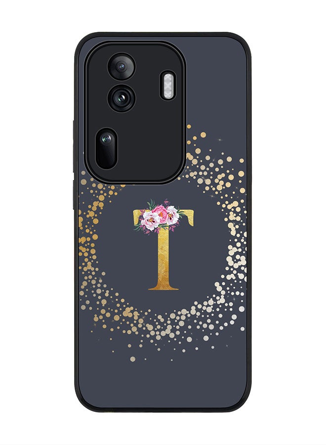 Stylizedd Rugged Black Edge Case for Oppo Reno11 Pro, Slim fit Case Thin Cover -  Custom Monogram Initial Letter Floral Pattern Alphabet - T  (Grey ) - Image 1
