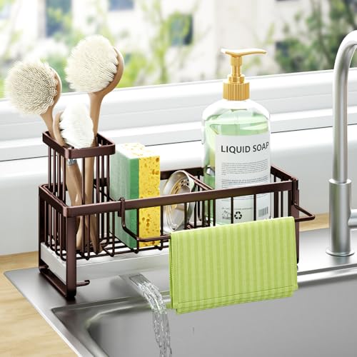 HapiRm Sponge Holder for Kitchen Sink - Self-draining Sink Caddy with Brush and Dishcloth Holders, Stainless Steel Kitchen Organizer for Countertop - Bronze - Image 1