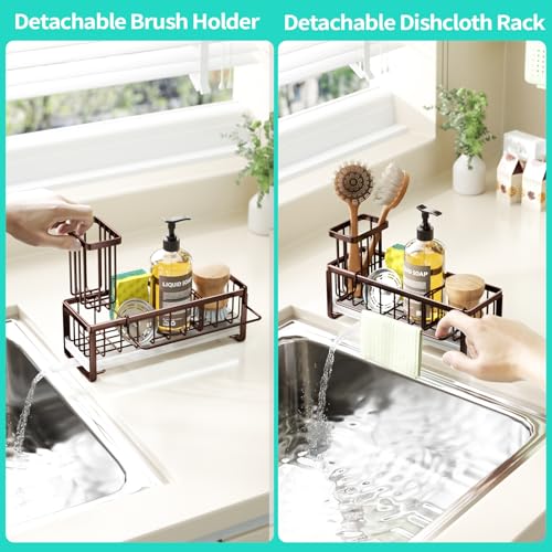 HapiRm Sponge Holder for Kitchen Sink - Self-draining Sink Caddy with Brush and Dishcloth Holders, Stainless Steel Kitchen Organizer for Countertop - Bronze - Image 3