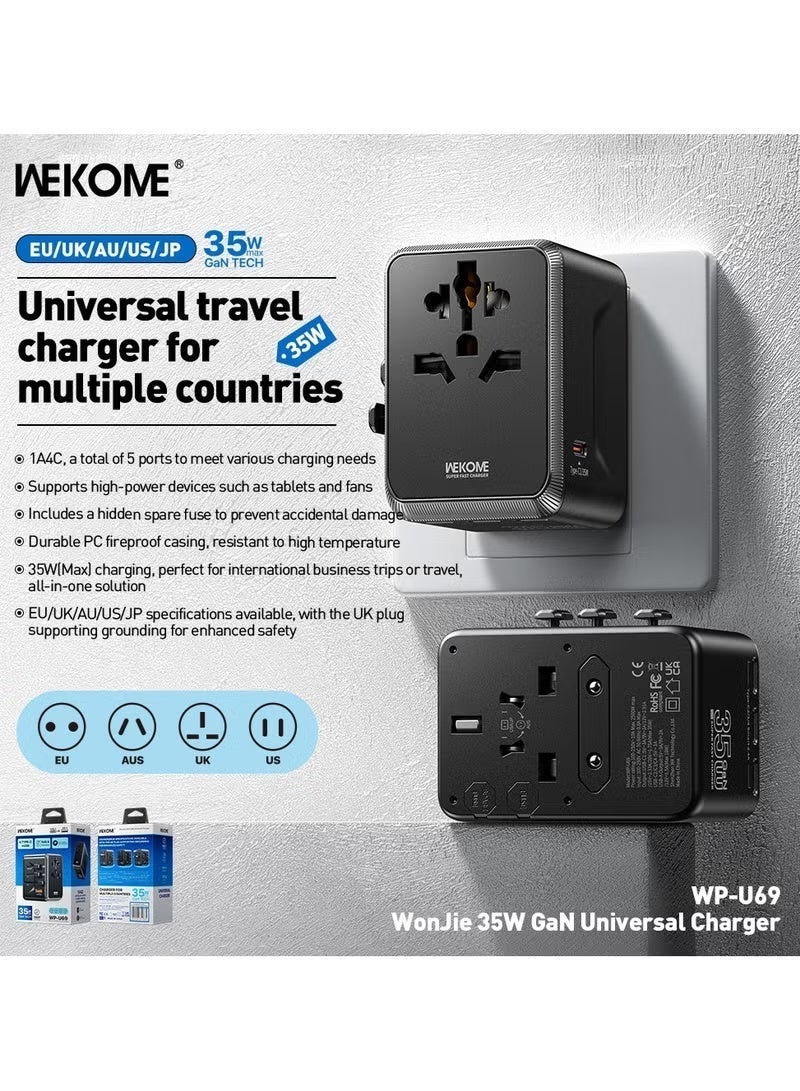 WEKOME Universal Travel Adapter, International Plug Adapter Fast 1A 4-C European Power Plug, AC Wall Charger - For Global Outlets in Europe, US, UK, EU, AU, Black - Image 3