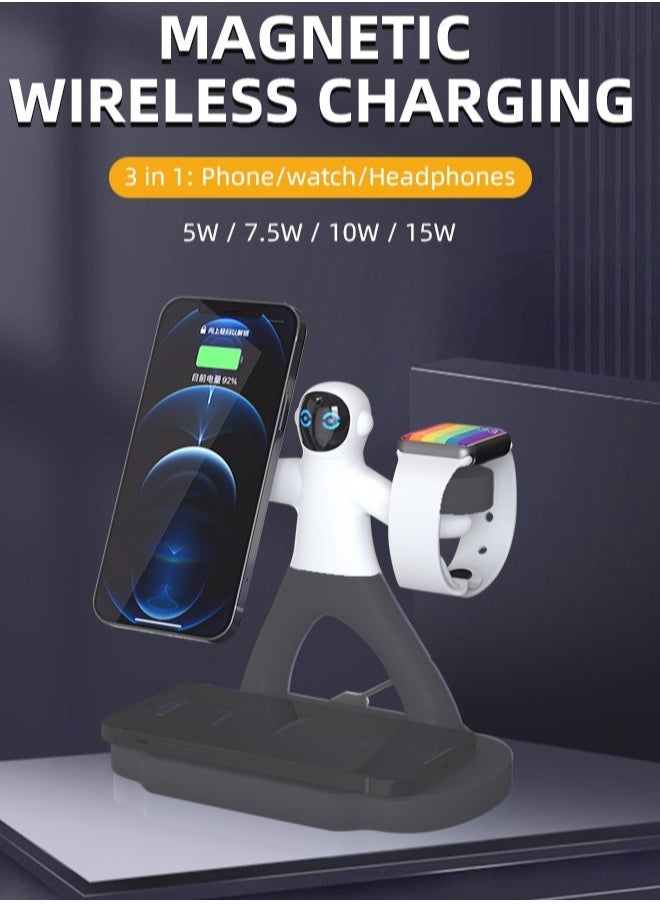 Generic 15W Magnetic 3-In-1 Qi Universal Wireless Charger with Overcharging Protection | 15w Magnetic Fast & Quick Charging Station for Apple iPhone / Smart Phones / iWatch /AirPods Spaceman Charger - Black  - Image 2