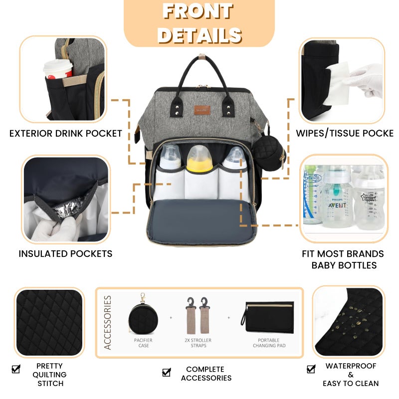 ROSEGIN Diaper Bag Backpack with Changing Pad, Pacifier Case, Baby Bag for Boy Girl Toddler - Large, Stylish, Waterproof Travel Quilted Diaper Bag for Mom - Baby Shower - Black Grey - Image 3