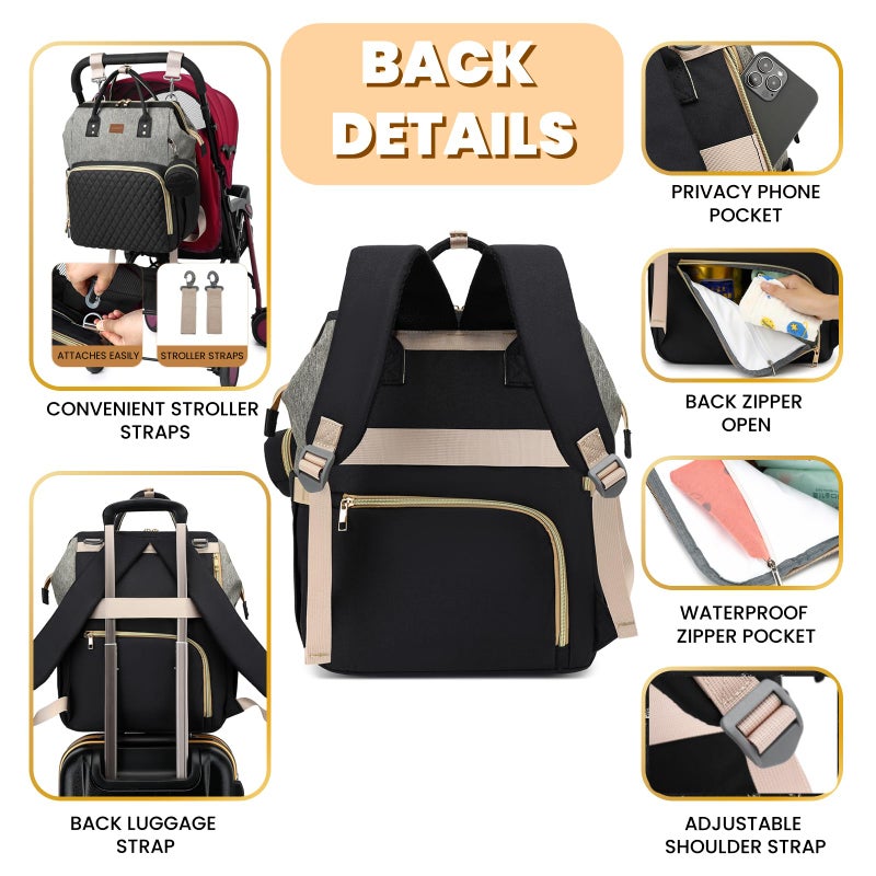 ROSEGIN Diaper Bag Backpack with Changing Pad, Pacifier Case, Baby Bag for Boy Girl Toddler - Large, Stylish, Waterproof Travel Quilted Diaper Bag for Mom - Baby Shower - Black Grey - Image 4