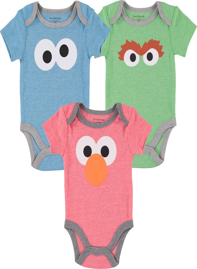 Happy Threads Sesame Street Baby Boys' Bodysuit Three Pack - Baby Bodysuit Multipack - Newborn Girl Clothest (Re/Blue/Green, 0-3 Months) - Image 1