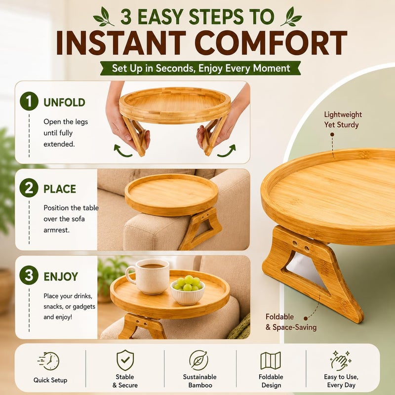 Sofa Armrest Tray Table, Foldable Bamboo Couch Side Stand with Raised Edge, Wooden Snack and Drink Holder for Living Room, Armchair, Space Saving Design for Coffee, Reading and TV Remote - Image 3