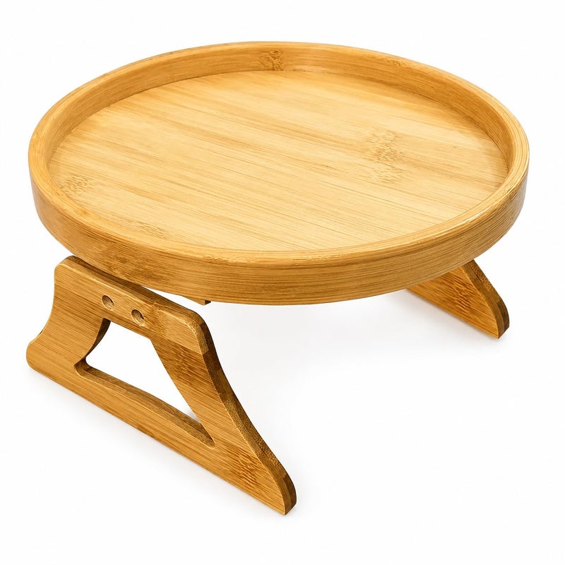 Sofa Armrest Tray Table, Foldable Bamboo Couch Side Stand with Raised Edge, Wooden Snack and Drink Holder for Living Room, Armchair, Space Saving Design for Coffee, Reading and TV Remote - Image 1