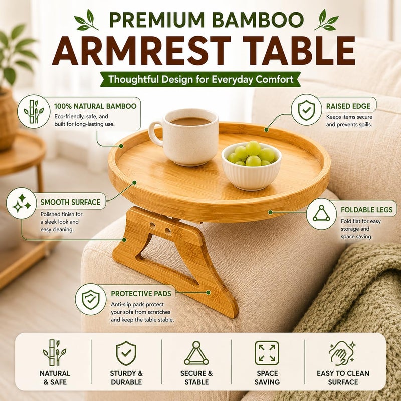 Sofa Armrest Tray Table, Foldable Bamboo Couch Side Stand with Raised Edge, Wooden Snack and Drink Holder for Living Room, Armchair, Space Saving Design for Coffee, Reading and TV Remote - Image 4