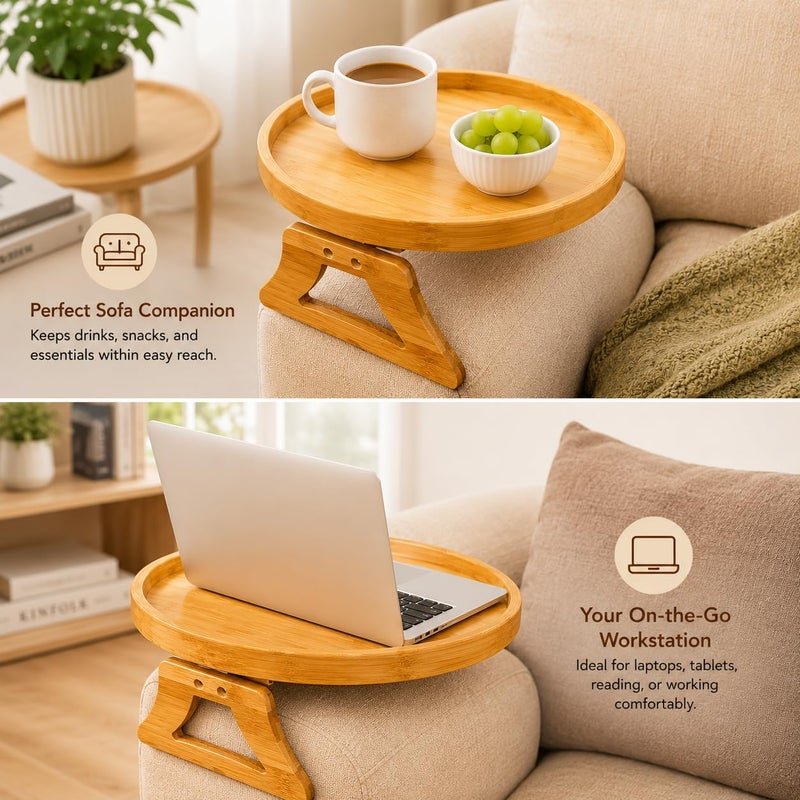 Sofa Armrest Tray Table, Foldable Bamboo Couch Side Stand with Raised Edge, Wooden Snack and Drink Holder for Living Room, Armchair, Space Saving Design for Coffee, Reading and TV Remote - Image 2