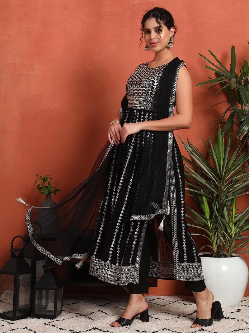 SHOPPING QUEEN Women's Georgette Sequins Kurta, Pyjama & Dupatta Set (A592_Black_L) - Image 5