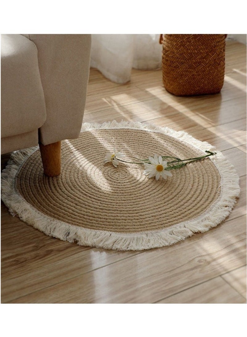 كيلا سجادة أرضية منسوجة من القطن والكتان على الطراز الاسكندنافي، من الأرضية إلى السقف، مصنوعة يدويًا من حبل مضفر، لتزيين غرفة المعيشة (مقاس 75 سم - دائرية) - Image 3