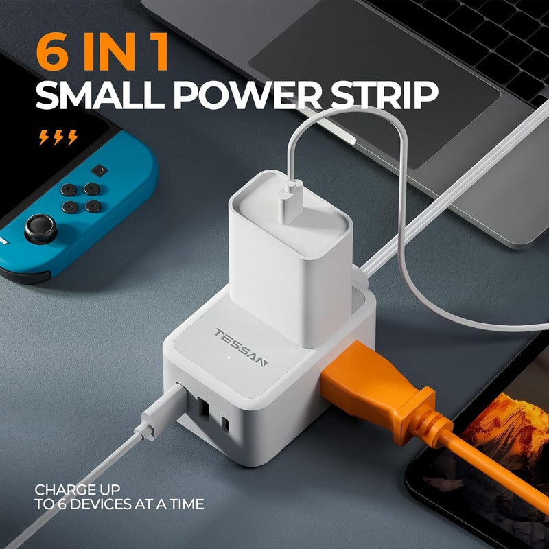 TESSAN Short Flat Extension Cord, Small Power Strip with 3 USB Port (1 USB C), 3 Outlets Small Charging Station, 3 ft Slim Plug for Cruise Travel Office School Dorm Room Essentials - Image 2