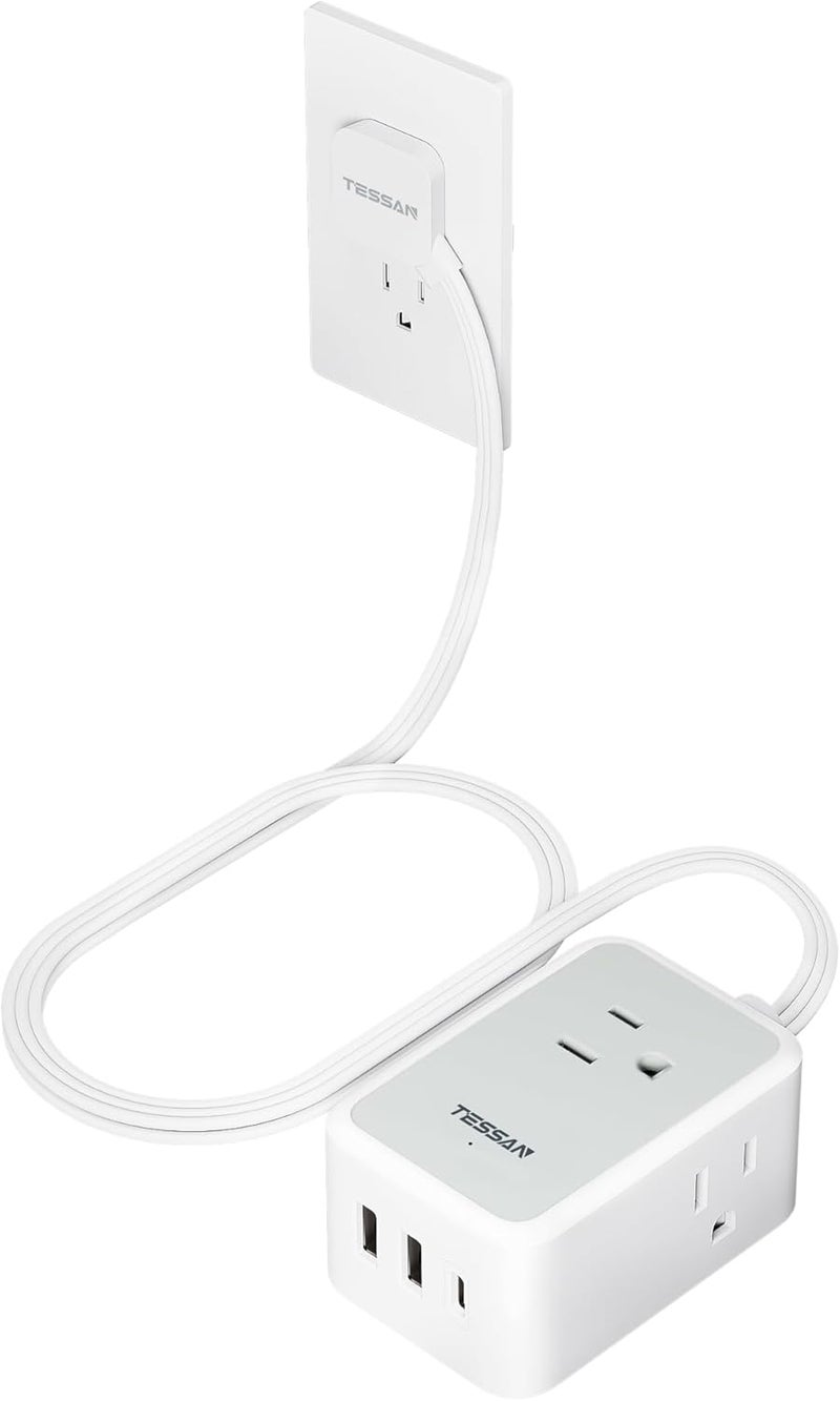 TESSAN Short Flat Extension Cord, Small Power Strip with 3 USB Port (1 USB C), 3 Outlets Small Charging Station, 3 ft Slim Plug for Cruise Travel Office School Dorm Room Essentials - Image 1
