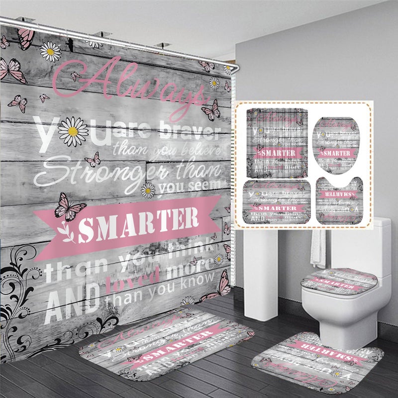 AZHM 4pcs Inspirational Quotes Shower Curtain Sets with Rugs Floral Bathroom Decor Set with Shower Curtain and Rugs and Accessories Flower Bathroom Curtain with 12 Hooks - Image 1