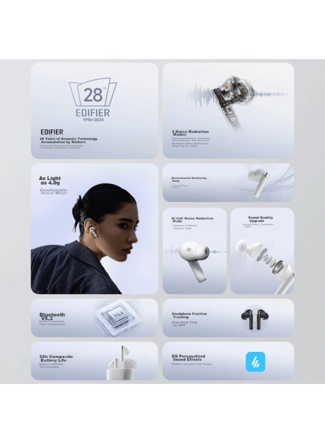 Walker Flower Edifier Hua Zai Zero Pro Wireless Active Noise Cancelling Bluetooth Earphones, In-ear Headphones, Compatible With Apple, Huawei, Xiaomi, Misty White - Image 1