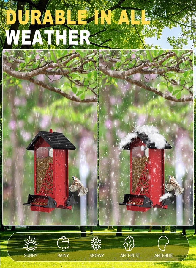 FETUSI Squirrel Proof Bird Feeder for Outdoor Hanging, Metal Bird Seed Feeder with Bilateral Weight Activated Perches, 5LB Large Capacity Wild Bird Feeders for Outside,Easy Refill and Clean, Red - Image 4