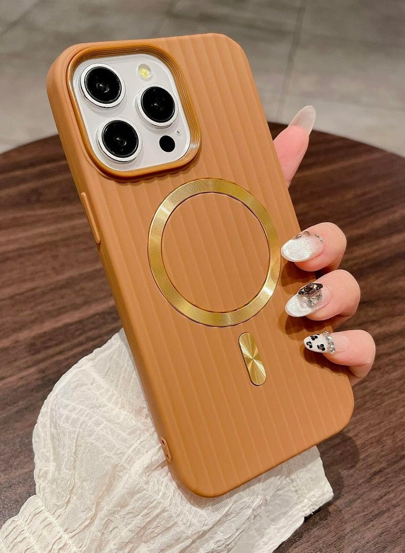 Plating Matte Style Corrugated Stripe Luggage Case for iPhone Cover 12 Pro Max Wireless Charging Magnetic Luxury Case Wave Design (Brown, 12 Pro Max)