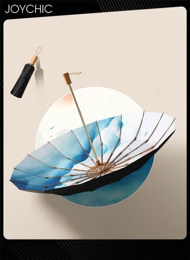 Joychic Women 16 Ribs Retro UPF50+ UV Protection Wind Resistant Travel Umbrella Black/Blue - Image 1