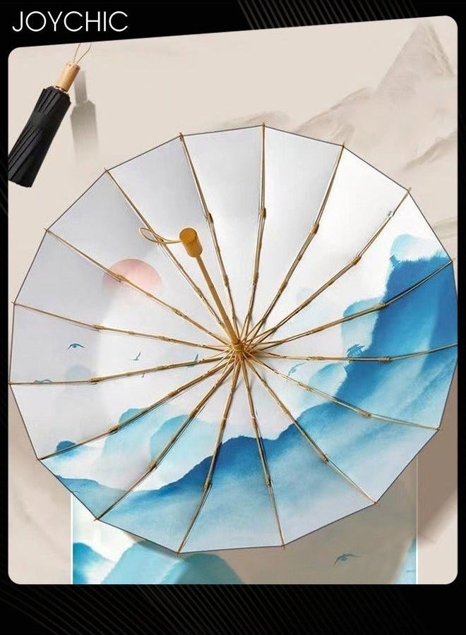 Joychic Women 16 Ribs Retro UPF50+ UV Protection Wind Resistant Travel Umbrella Black/Blue - Image 2