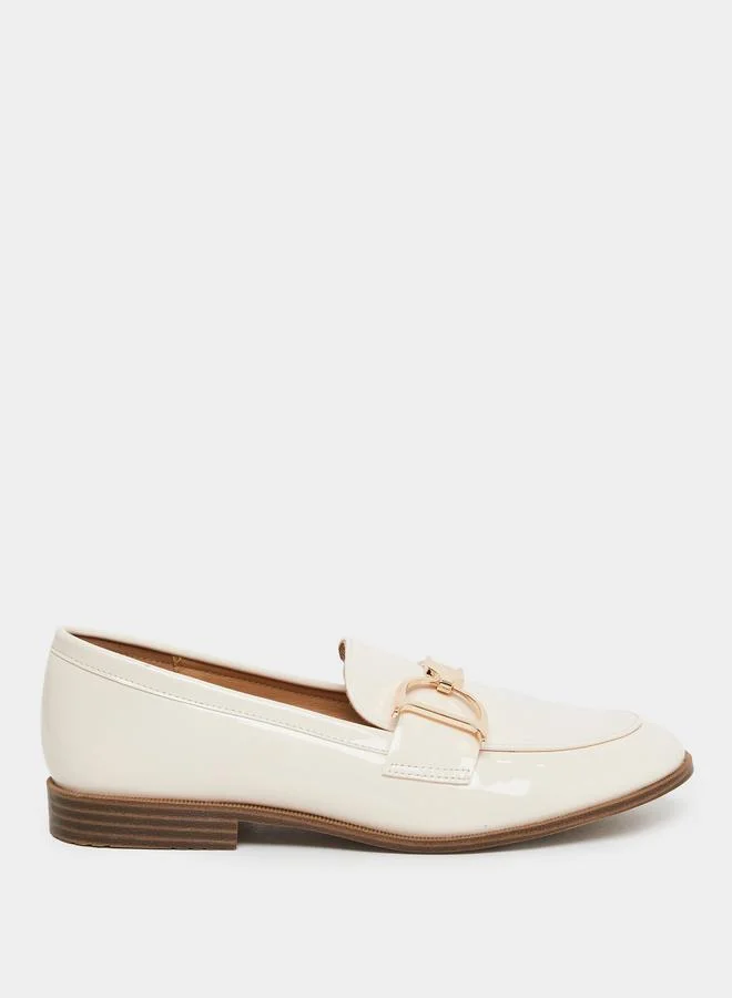 Styli Styli Women Beige Patent Loafers with Buckle Accent