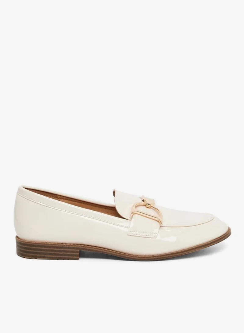 Styli Styli Women Beige Patent Loafers with Buckle Accent