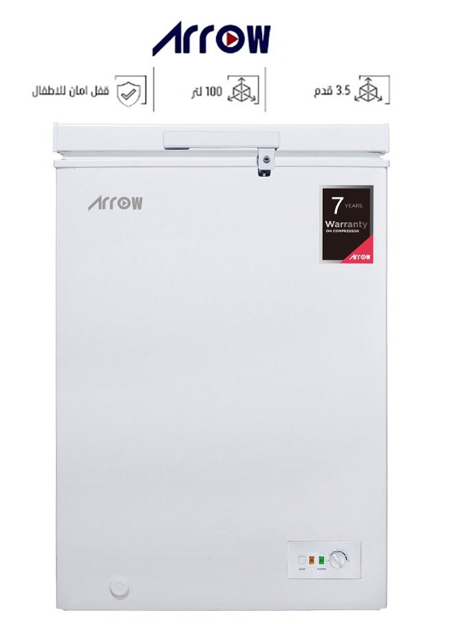 Arrow Chest Freezer 100L 3.5 Cu.Ft with Energy Saving, Super Freeze, Electronic Temperature Control, Manual Defrost, Recessed External Handle, Wheels, White Finish | RO-160F  - Image 1