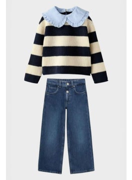 Miniğimin Cicileri My Little Ones Striped Knitwear Denim Collar (2-10 Years Old) Girl's 2-piece suit - Blackcream 