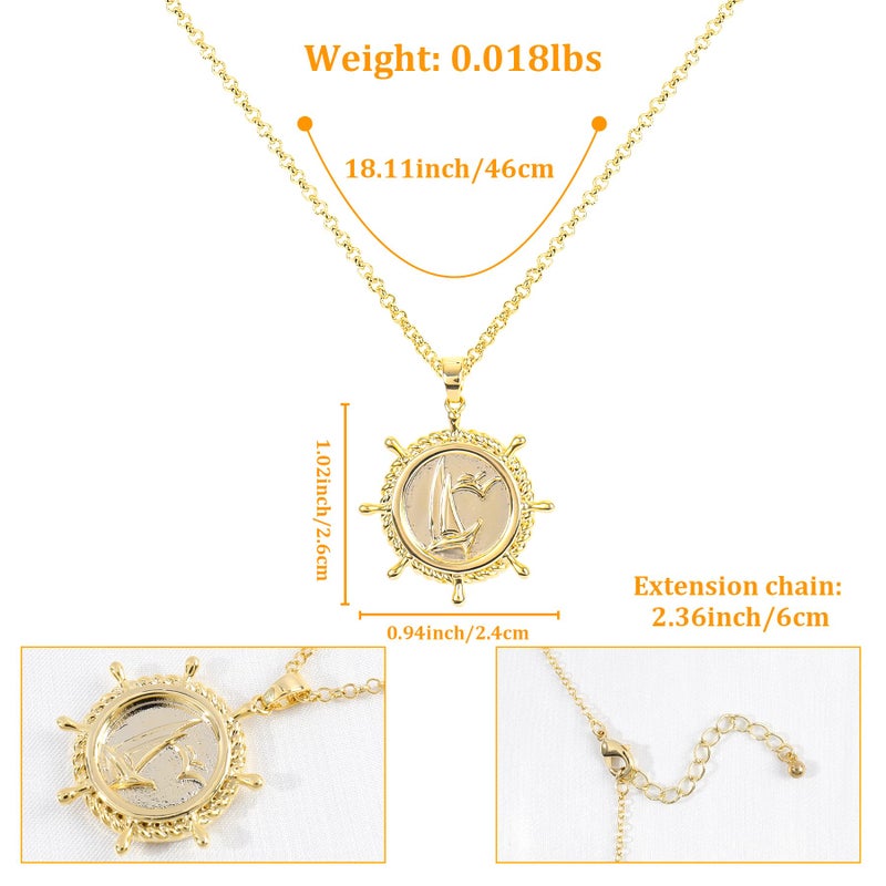 Chicgrowth Gold Boat Rudder Pendant Necklace for Women 14K Gold Plated Round Sailboat Charm Necklace Nautical Sailor Ship Wheel Pendant Necklace Adjustable Chain Sea Summer Beach Ocean Jewelry Gift for Women Men - Image 2