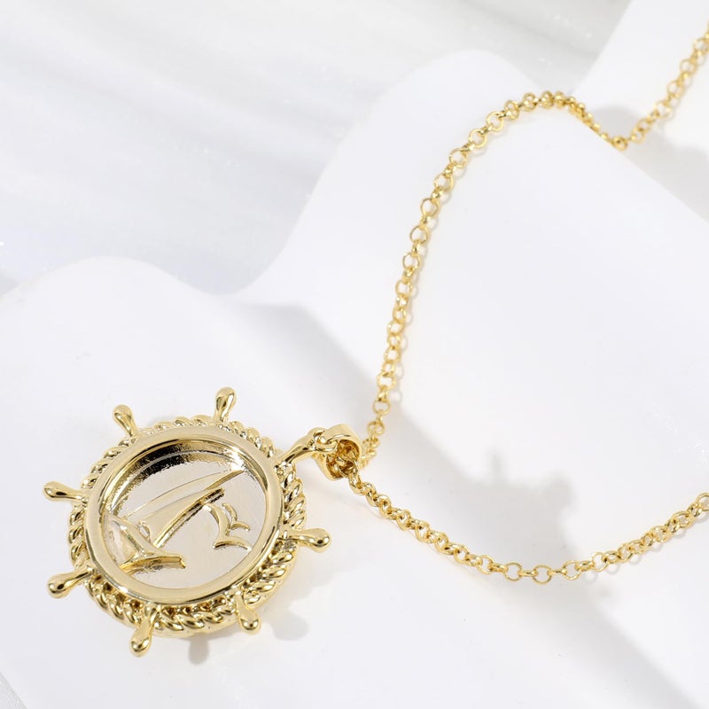 Chicgrowth Gold Boat Rudder Pendant Necklace for Women 14K Gold Plated Round Sailboat Charm Necklace Nautical Sailor Ship Wheel Pendant Necklace Adjustable Chain Sea Summer Beach Ocean Jewelry Gift for Women Men - Image 3