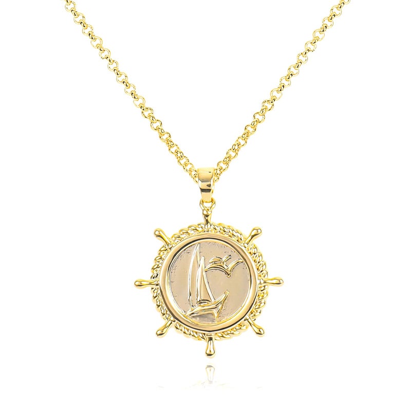 Chicgrowth Gold Boat Rudder Pendant Necklace for Women 14K Gold Plated Round Sailboat Charm Necklace Nautical Sailor Ship Wheel Pendant Necklace Adjustable Chain Sea Summer Beach Ocean Jewelry Gift for Women Men - Image 1