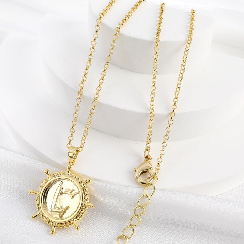 Chicgrowth Gold Boat Rudder Pendant Necklace for Women 14K Gold Plated Round Sailboat Charm Necklace Nautical Sailor Ship Wheel Pendant Necklace Adjustable Chain Sea Summer Beach Ocean Jewelry Gift for Women Men - Image 5