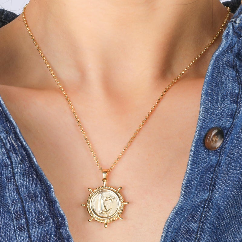 Chicgrowth Gold Boat Rudder Pendant Necklace for Women 14K Gold Plated Round Sailboat Charm Necklace Nautical Sailor Ship Wheel Pendant Necklace Adjustable Chain Sea Summer Beach Ocean Jewelry Gift for Women Men - Image 4