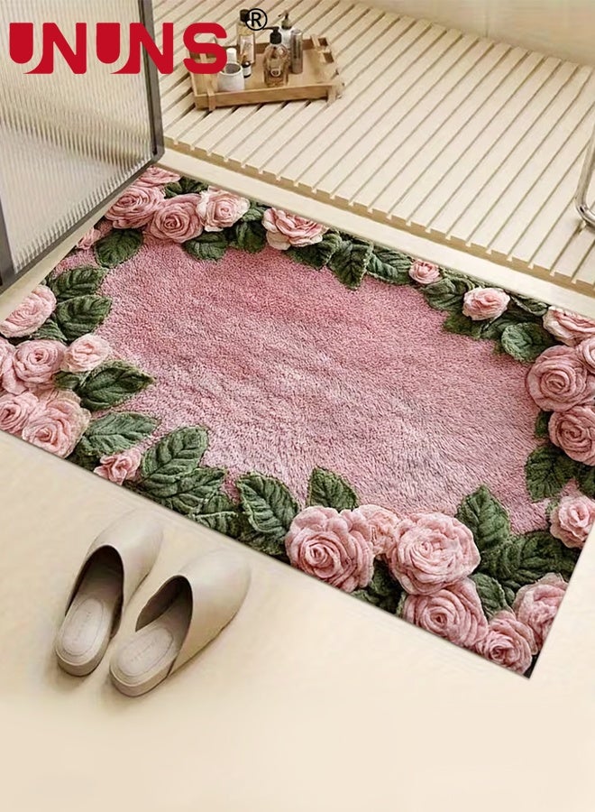 UNUNS Door Mat,Pink Rose Pattern Non-Slip Bath Rug,Floral Anti-Slip Mat,Floor Mat,Entryway Mat,Fluffy Rose Floor Runner,Bathroom Absorbent Mat Living Room,Laundry Room, Hallway,Bathroom,50*80CM - Image 1
