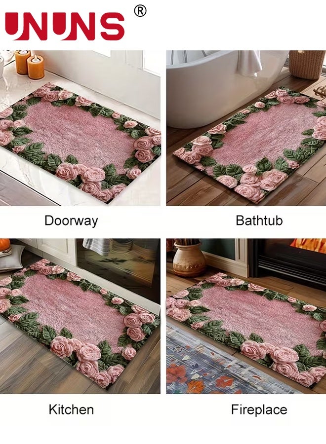 UNUNS Door Mat,Pink Rose Pattern Non-Slip Bath Rug,Floral Anti-Slip Mat,Floor Mat,Entryway Mat,Fluffy Rose Floor Runner,Bathroom Absorbent Mat Living Room,Laundry Room, Hallway,Bathroom,50*80CM - Image 3