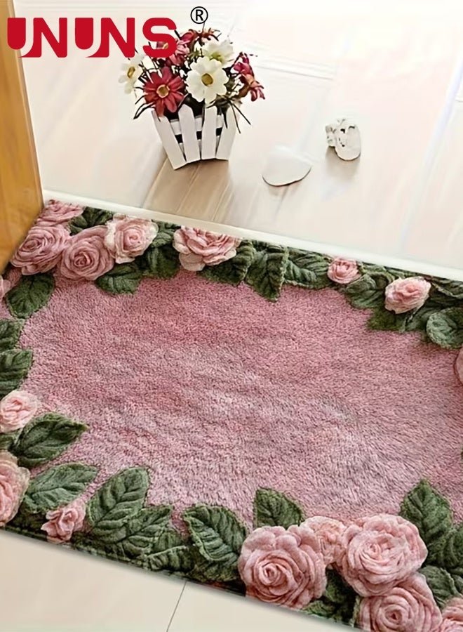 UNUNS Door Mat,Pink Rose Pattern Non-Slip Bath Rug,Floral Anti-Slip Mat,Floor Mat,Entryway Mat,Fluffy Rose Floor Runner,Bathroom Absorbent Mat Living Room,Laundry Room, Hallway,Bathroom,50*80CM - Image 5