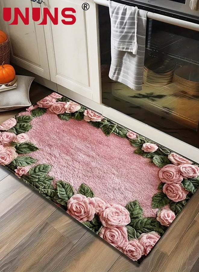 UNUNS Door Mat,Pink Rose Pattern Non-Slip Bath Rug,Floral Anti-Slip Mat,Floor Mat,Entryway Mat,Fluffy Rose Floor Runner,Bathroom Absorbent Mat Living Room,Laundry Room, Hallway,Bathroom,50*80CM - Image 4