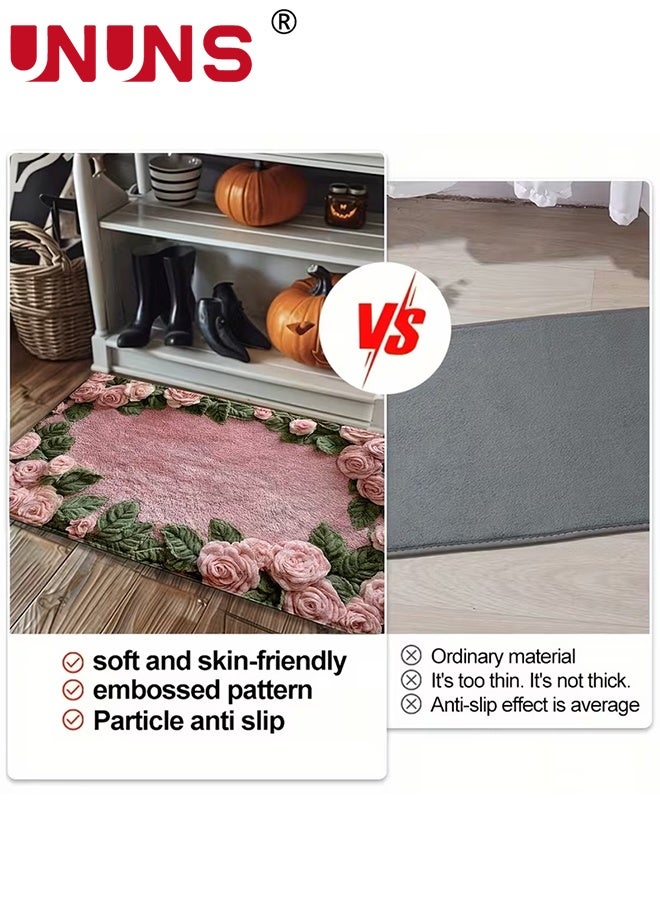 UNUNS Door Mat,Pink Rose Pattern Non-Slip Bath Rug,Floral Anti-Slip Mat,Floor Mat,Entryway Mat,Fluffy Rose Floor Runner,Bathroom Absorbent Mat Living Room,Laundry Room, Hallway,Bathroom,50*80CM - Image 2
