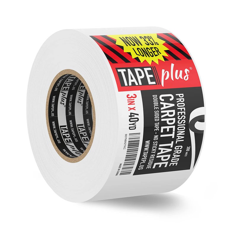 TapePlus Double-Sided Carpet Tape - Nonresidue Rug Tape for Hardwood Floors - Peel u0026 Stick Backing for Area Rugs - Anti-Slip Stair Tread Adhesive - 3 in x 120 ft, White - Image 1