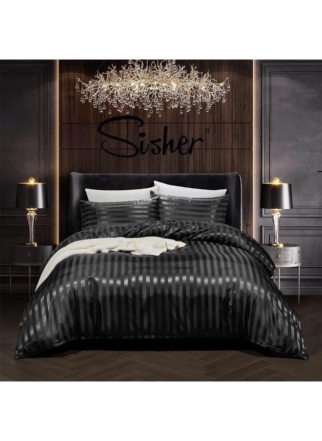 Generic Sisher 5Pcs Comforter Set Queen Size, Black Stripe Silk Bedding Sets for Man Woman, Luxury Bed in a Bag Queen  - Image 1
