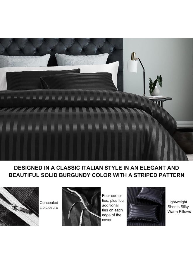 Generic Sisher 5Pcs Comforter Set Queen Size, Black Stripe Silk Bedding Sets for Man Woman, Luxury Bed in a Bag Queen  - Image 2